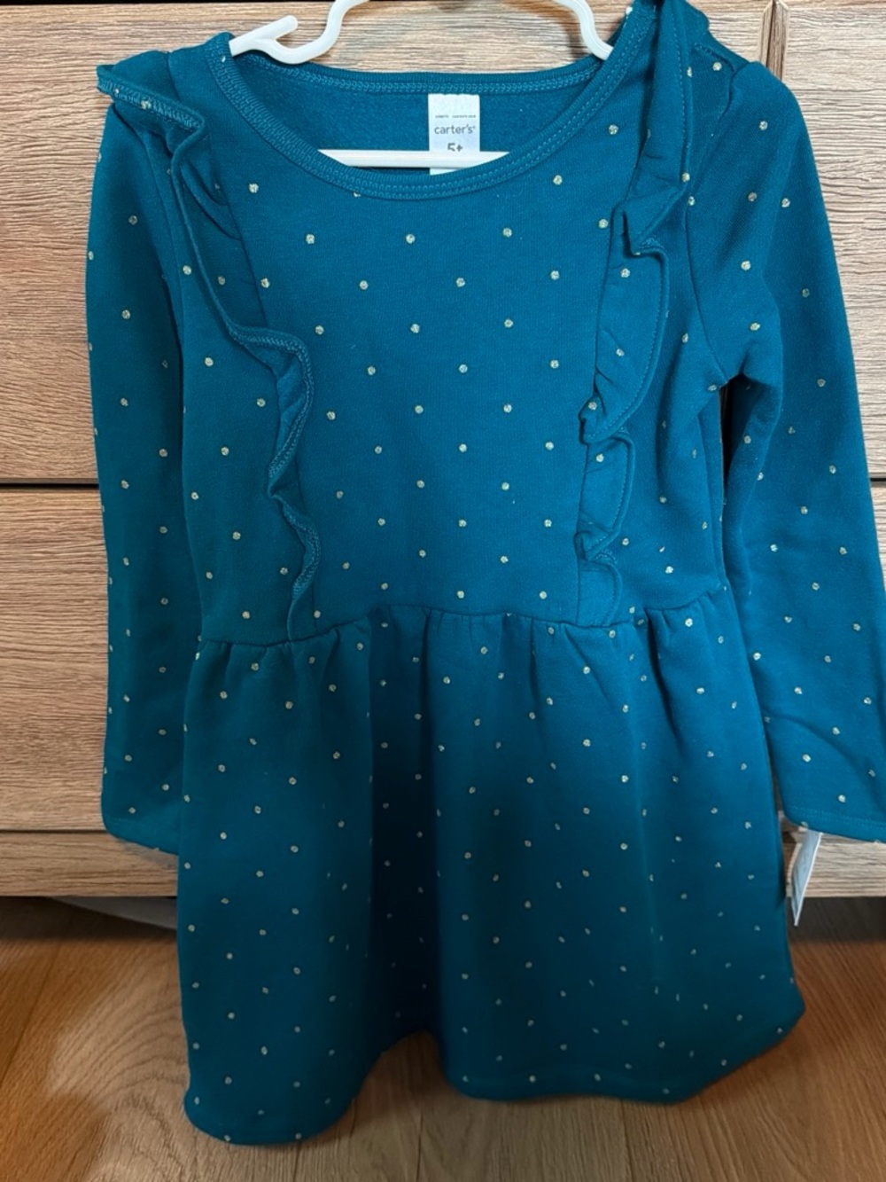 Carter's Teal Long Sleeve Ruffle Dress with Gold Dots